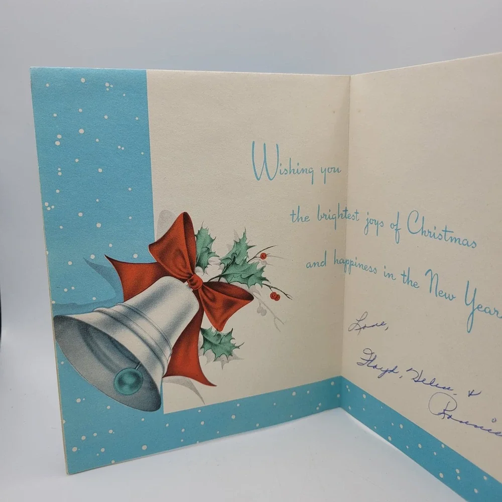 Vintage Holiday Greetings Christmas Card Bells Bow Holly Signed 1950s